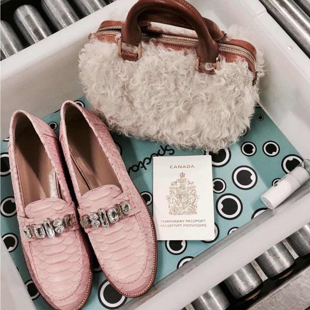 Brother Vellies pink loafers with rhinestones